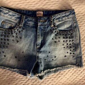 ONLY Light Blue Denim Shorts with Black Stud Embellishments